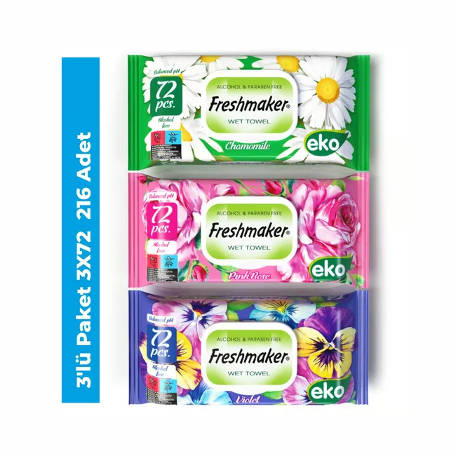 FRESHMAKER ISLAK MENDİL ÇİÇEK SERİSİ | ALKOLSÜZ | 3'LÜ PAKET | 72X3 216 ADET | WET TOWEL